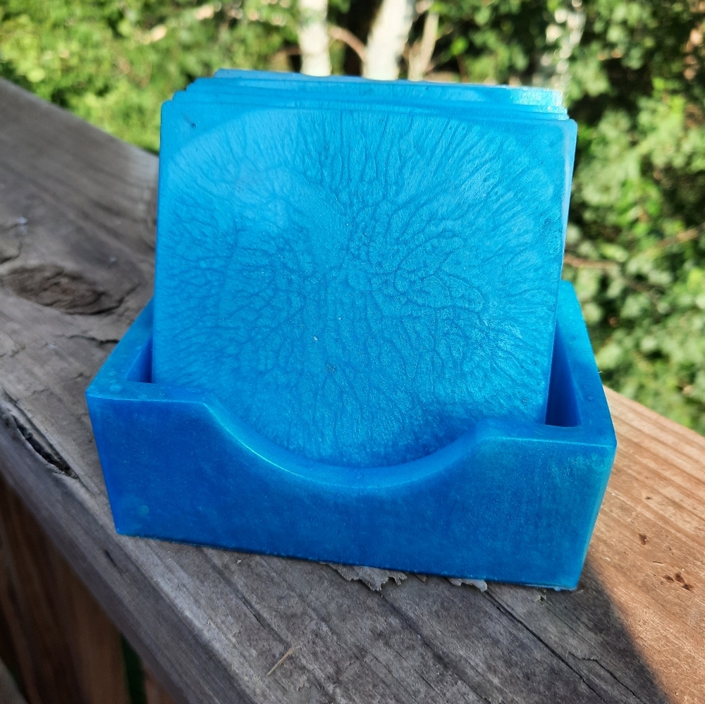 Lot 5 aqua Resin coasters & holder Set handmade